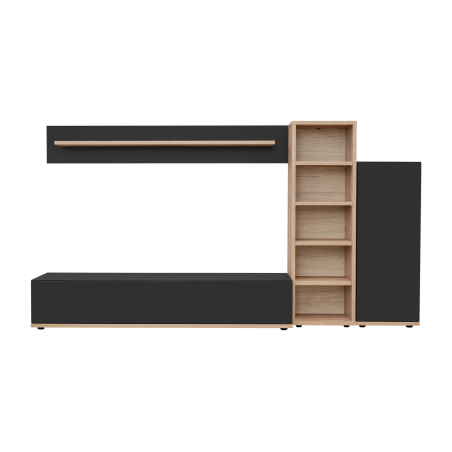 Ensemble meuble TV mural Silk III - Bois MDF noir mat et chêne Ribbeck - 240 x 127 x 40 cm
