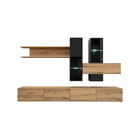 Ensemble meuble TV mural Cruz avec vitrine - Bois MDF noir mat et chêne Evoke - 280 x 180 x 45 cm