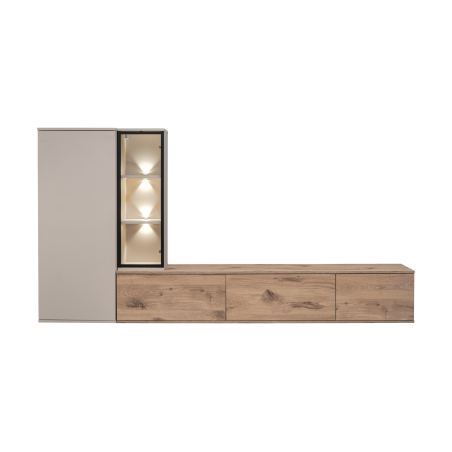 Ensemble meuble TV mural Clare avec vitrine et éclairage LED - Bois MDF cachemire et chêne Viking - 240 x 125 x 35 cm