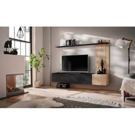 Ensemble meuble TV mural Solo - Bois MDF noir et chêne Hickory Jackson - 180 x 130 x 40 cm