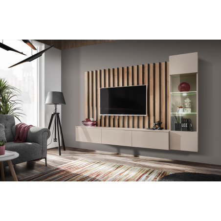 Ensemble meuble TV mural Verti avec vitrine et éclairage LED - Bois MDF cachemire et noir et chêne artisan - 220 x 148 x 35 cm