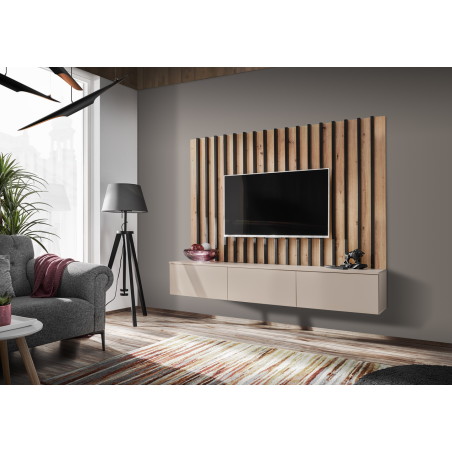 Ensemble meuble TV mural Verti II - Bois MDF cachemire et noir et chêne artisan - 180 x 148 x 35 cm