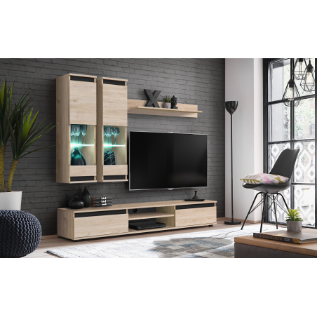 Ensemble meuble TV mural Modo avec vitrine - Bois MDF noir et chêne Hickory Jackson - 175 x 150 x 37 cm
