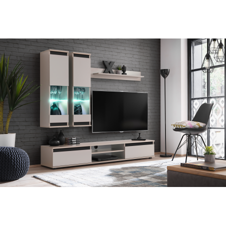 Ensemble meuble TV mural Modo avec vitrine - Bois MDF cachemire et noir - 175 x 150 x 37 cm