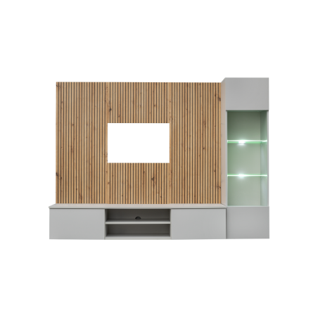 Ensemble meuble TV mural Xari L avec vitrine et éclairage LED - Bois MDF gris perle et chêne artisan - 200 x 148 x 35 cm