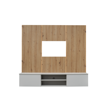 Ensemble meuble TV mural Xari L2 - Bois MDF gris perle et chêne artisan - 160 x 148 x 35 cm