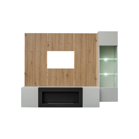 Ensemble meuble TV Xari L-K avec cheminée bioéthanol et vitrine LED - Bois MDF gris perle et chêne artisan - 200 x 158 x 40 cm