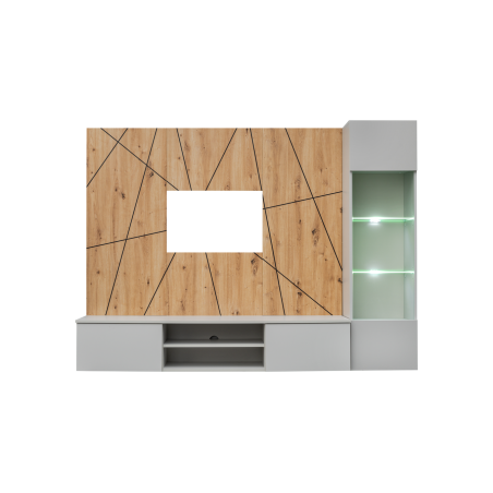 Ensemble meuble TV mural Xari G avec vitrine et éclairage LED - Bois MDF gris perle et chêne artisan - 200 x 148 x 35 cm