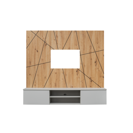 Ensemble meuble TV mural Xari G2 - Bois MDF gris perle et chêne artisan - 160 x 148 x 35 cm