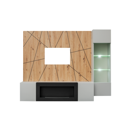 Ensemble meuble TV Xari G-K avec cheminée bioéthanol et vitrine LED - Bois MDF gris perle et chêne artisan - 200 x 158 x 40 cm