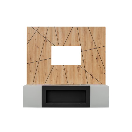 Ensemble meuble TV mural Xari G2-K avec cheminée bioéthanol - Bois MDF gris perle et chêne artisan - 160 x 158 x 40 cm