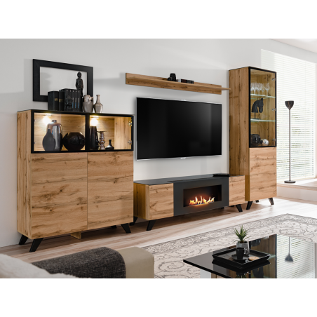 Ensemble meuble TV mural Thin avec cheminée bioéthanol et vitrine LED - Bois MDF noir et chêne Wotan - 340 x 197 x 45 cm