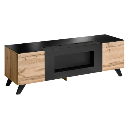 Meuble TV Thin avec cheminée bioéthanol - Bois MDF noir et chêne Wotan - 150 x 47 x 45 cm