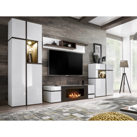 Ensemble meuble TV mural Cross avec cheminée bioéthanol et LED - Bois MDF blanc brillant et orme Perla - 330 x 195 x 50 cm
