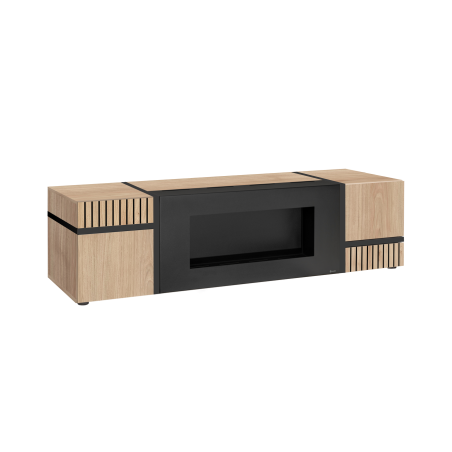 Meuble TV Cross avec cheminée bioéthanol - Bois MDF noir et chêne Hickory Jackson - 150 x 50 x 50 cm