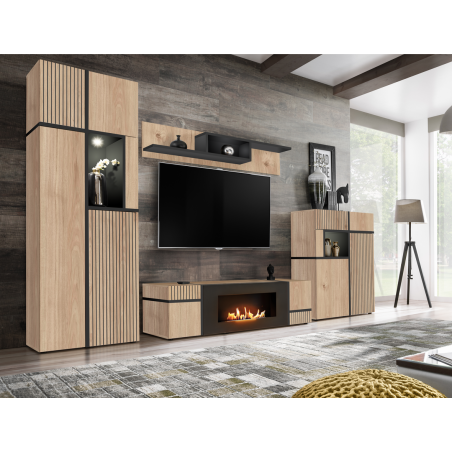 Ensemble meuble TV mural Cross avec cheminée bioéthanol et LED - Bois MDF noir et chêne Hickory Jackson - 330 x 195 x 50 cm