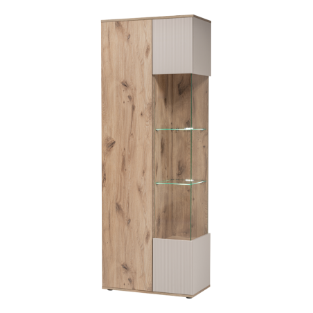 Vitrine haute Catalina avec éclairage LED - Bois MDF cachemire et chêne Viking - 70 x 197 x 40 cm