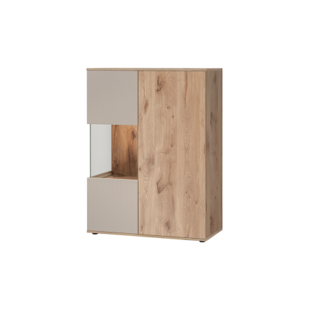 Vitrine basse Catalina avec éclairage LED - Bois MDF cachemire et chêne Viking - 90 x 120 x 40 cm