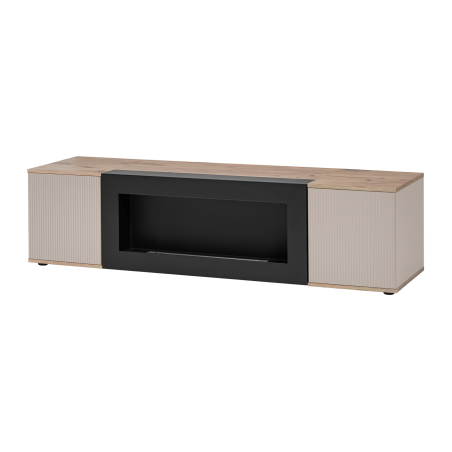 Meuble TV Catalina avec cheminée bioéthanol - Bois MDF cachemire et chêne Viking - 160 x 42 x 45 cm