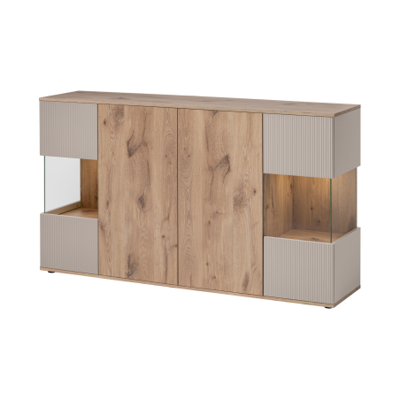 Buffet Catalina avec vitrine et éclairage LED - Bois MDF cachemire et chêne Viking - 160 x 92 x 40 cm