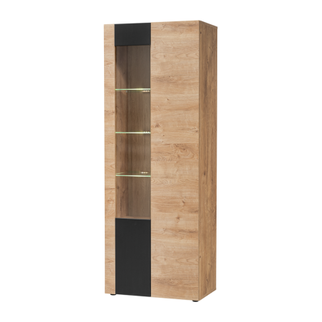 Vitrine haute Aron avec éclairage LED - Bois MDF noir mat et chêne Ribbeck - 70 x 192 x 40 cm