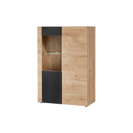 Vitrine basse Aron avec éclairage LED - Bois MDF noir mat et chêne Ribbeck - 90 x 132 x 40 cm
