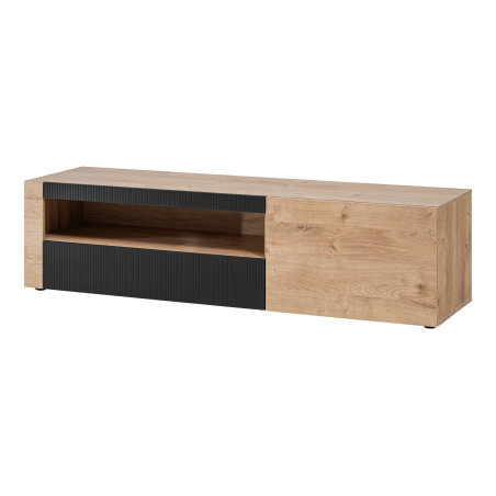 Meuble TV Aron - Bois MDF noir mat et chêne Ribbeck - 160 x 42 x 45 cm