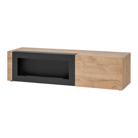 Meuble TV Aron avec cheminée bioéthanol - Bois MDF noir mat et chêne Ribbeck - 160 x 42 x 45 cm