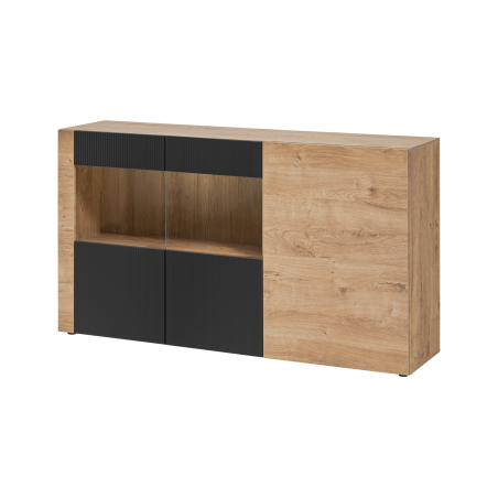 Buffet Aron avec vitrine et éclairage LED - Bois MDF noir mat et chêne Ribbeck - 160 x 93 x 40 cm