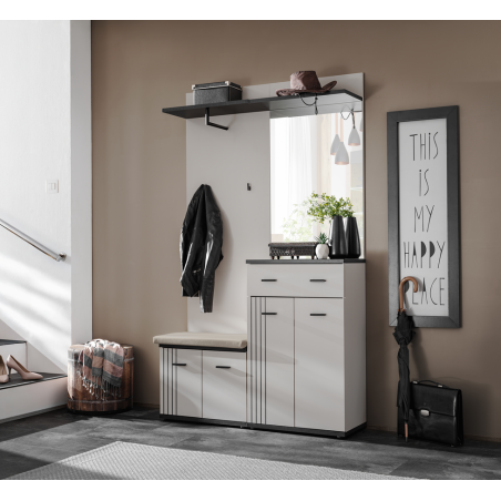 Ensemble meuble d'entrée Hugo II avec miroir et coussin d'assise - Bois MDF cachemire et noir - 120 x 203 x 32 cm