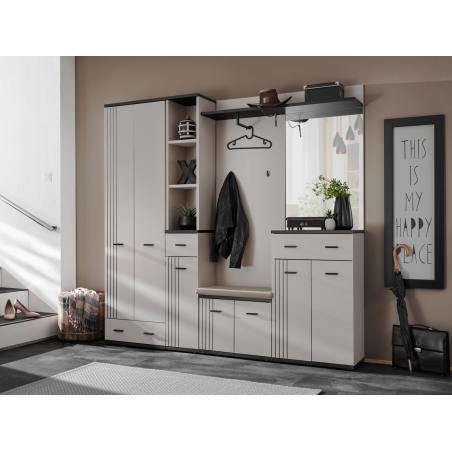 Ensemble meuble d'entrée Hugo IV avec miroir et armoire - Bois MDF cachemire et noir - 210 x 203 x 32 cm
