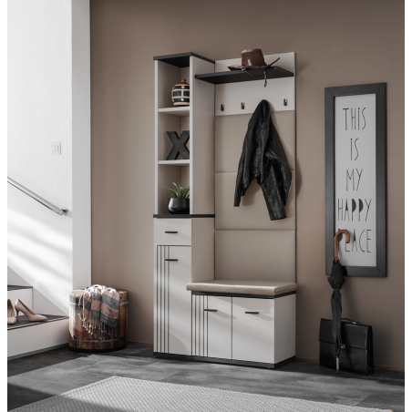 Ensemble meuble d'entrée Hugo V avec coussin d'assise - Bois MDF cachemire et noir - 90 x 203 x 32 cm