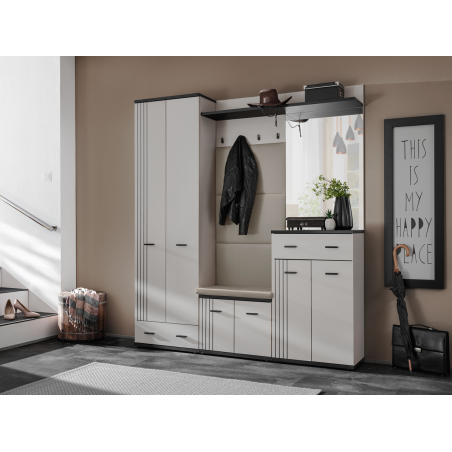 Ensemble meuble d'entrée Hugo VII avec miroir, armoire et coussin d'assise - Bois MDF cachemire et noir - 180 x 203 x 32 cm