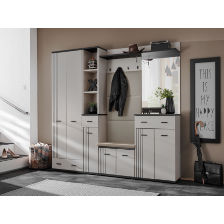 Ensemble meuble d'entrée Hugo VIII avec miroir et armoire - Bois MDF cachemire et noir - 210 x 203 x 32 cm