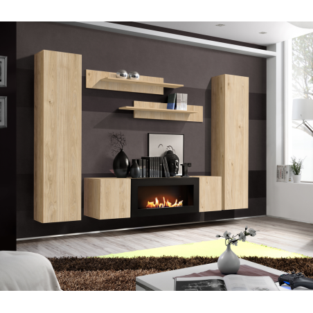 Ensemble meuble TV mural Fly M1 avec cheminée bioéthanol - Bois MDF chêne Hickory Jackson - 260 x 170 x 40 cm