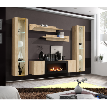 Ensemble meuble TV mural Fly M2 avec cheminée bioéthanol et vitrine LED - Bois MDF chêne Hickory Jackson - 260 x 170 x 40 cm