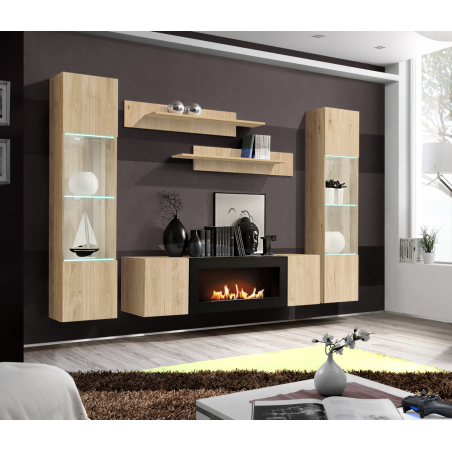 Ensemble meuble TV mural Fly M3 avec cheminée bioéthanol et vitrine LED - Bois MDF chêne Hickory Jackson - 260 x 170 x 40 cm