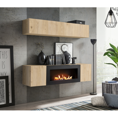 Ensemble meuble TV mural Fly N1 avec cheminée bioéthanol - Bois MDF chêne Hickory Jackson - 160 x 150 x 40 cm