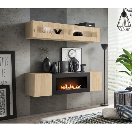 Ensemble meuble TV mural Fly N2 avec cheminée bioéthanol et vitrine LED - Bois MDF chêne Hickory Jackson - 160 x 150 x 40 cm