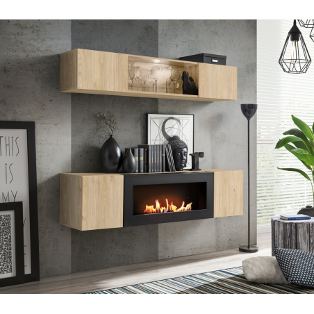Ensemble meuble TV mural Fly N3 avec cheminée bioéthanol et vitrine LED - Bois MDF chêne Hickory Jackson - 160 x 150 x 40 cm