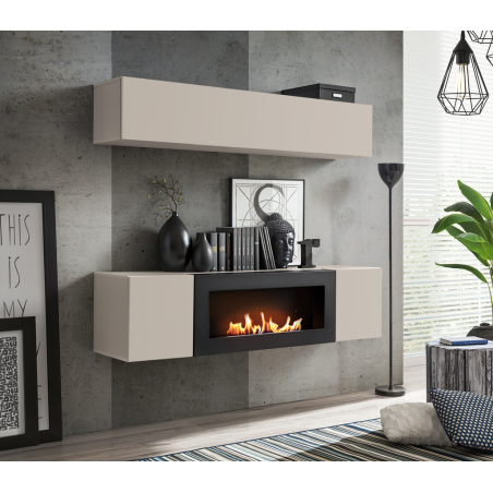 Ensemble meuble TV mural Fly N1 avec cheminée bioéthanol - Bois MDF cachemire - 160 x 150 x 40 cm
