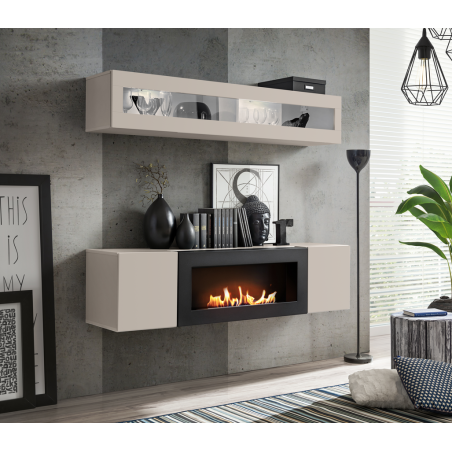 Ensemble meuble TV mural Fly N2 avec cheminée bioéthanol, vitrine et éclairage LED - Bois MDF cachemire - 160 x 150 x 40 cm