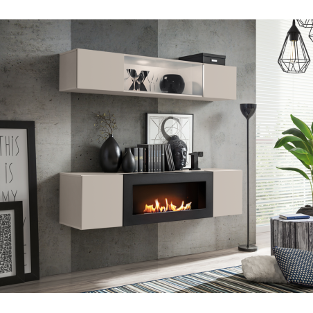 Ensemble meuble TV mural Fly N3 avec cheminée bioéthanol, vitrine et éclairage LED - Bois MDF cachemire - 160 x 150 x 40 cm