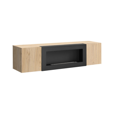 Meuble TV suspendu Fly avec cheminée bioéthanol - Bois MDF chêne Hickory Jackson - 160 x 40 x 40 cm