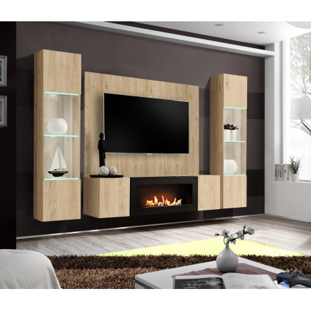 Ensemble meuble TV mural Fly M-P3 avec cheminée bioéthanol et vitrine LED - Bois MDF chêne Hickory Jackson - 240 x 170 x 40 cm