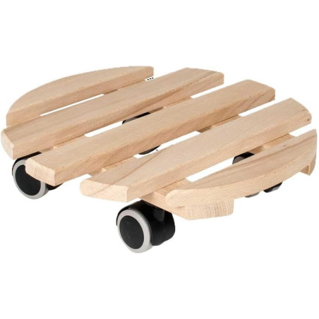 Support de Pot à Roulettes - Bois de Hêtre - Diam 30 x H 8 cm - 4 Roulettes - Fabrication Française