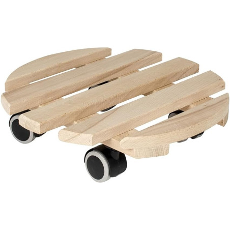 Support de Pot à Roulettes - Bois de Hêtre - Diam 38 x H 8,4 cm - 4 Roulettes - Fabrication Française