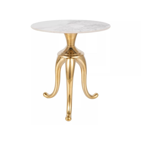 Table basse en inox - Gamme Snake - D 48 cm - Blanc brillant effet marbre - Piètement doré