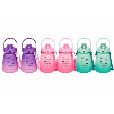 Lot de 6 bouteilles Motivation 1,2 L avec sangle - 3 couleurs assorties : rose, bleu et violet
