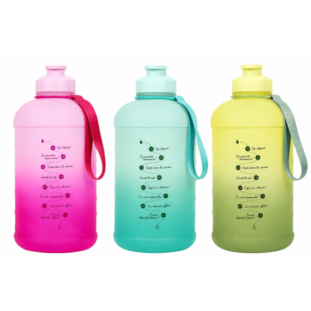 Lot de 3 bouteilles Motivation Fitness 2,2 L avec anse - Rose, bleu et vert